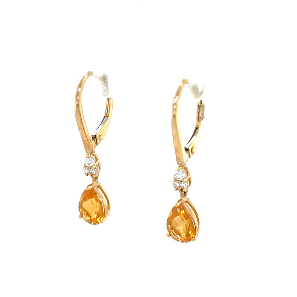 10k Yellow Gold Pear Citrine Leverback Earrings with Diamond Accents