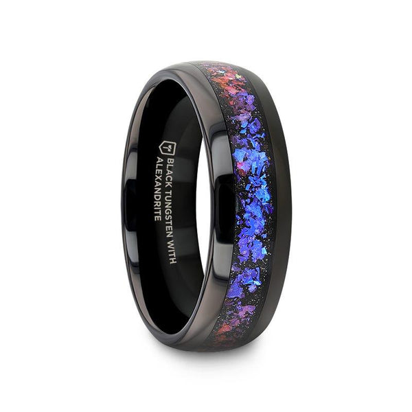 COSMIC Black Tungsten Band with Crushed Alexandrite, Dark Blue & Purple Goldstone - 8mm