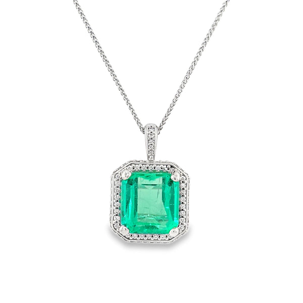 14K White Gold Custom Halo Emerald Necklace – 5.55ct Step-Cut Emerald with GIA Report