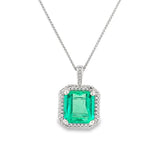 14K White Gold Custom Halo Emerald Necklace – 5.55ct Step-Cut Emerald with GIA Report