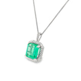 14K White Gold Custom Halo Emerald Necklace – 5.55ct Step-Cut Emerald with GIA Report