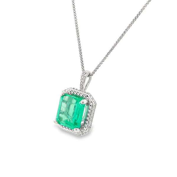 14K White Gold Custom Halo Emerald Necklace – 5.55ct Step-Cut Emerald with GIA Report