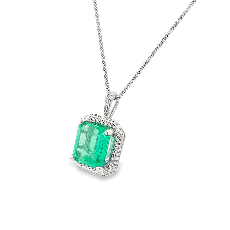 14K White Gold Custom Halo Emerald Necklace – 5.55ct Step-Cut Emerald with GIA Report
