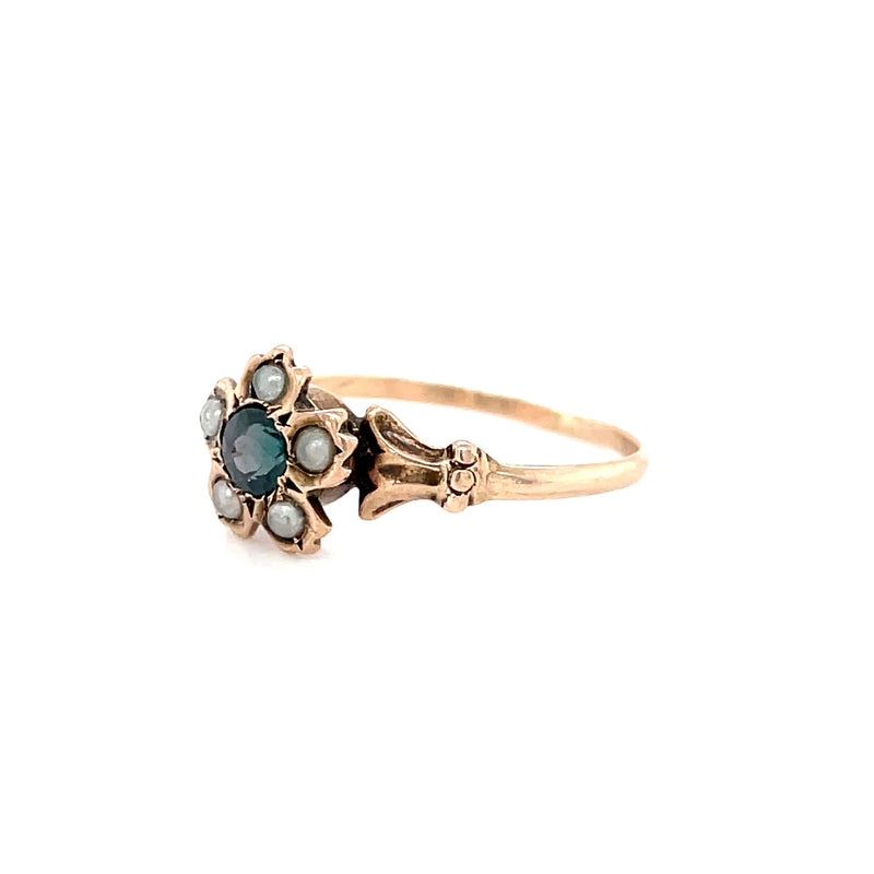 Estat 10K Yellow Gold Victorian-Style Ring with Teal Composite Gemstone & Imitation Seed Pearl