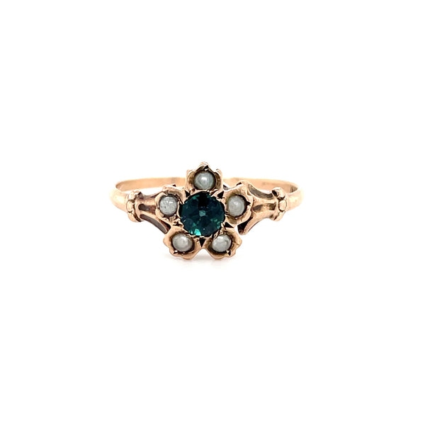 Estat 10K Yellow Gold Victorian-Style Ring with Teal Composite Gemstone & Imitation Seed Pearl