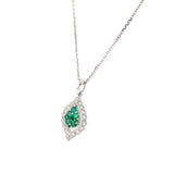 14K White Gold Emerald Cluster and Diamond Scalloped Halo Necklace