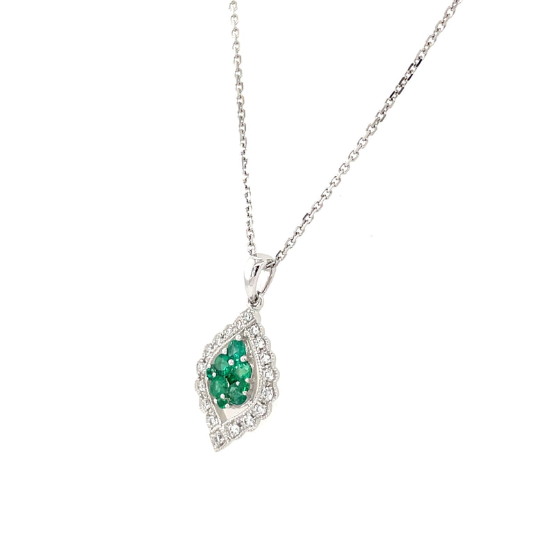 14K White Gold Emerald Cluster and Diamond Scalloped Halo Necklace