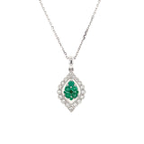 14K White Gold Emerald Cluster and Diamond Scalloped Halo Necklace