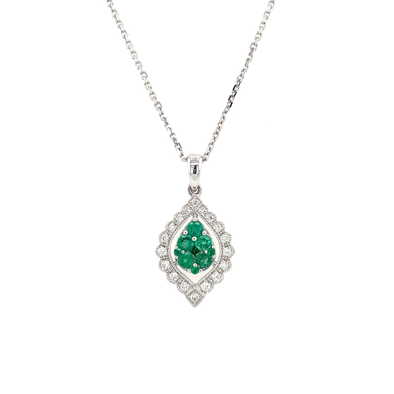 14K White Gold Emerald Cluster and Diamond Scalloped Halo Necklace