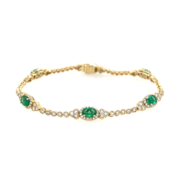 14K Yellow Gold Oval Emerald and Diamond Halo Bracelet – 7 Inch