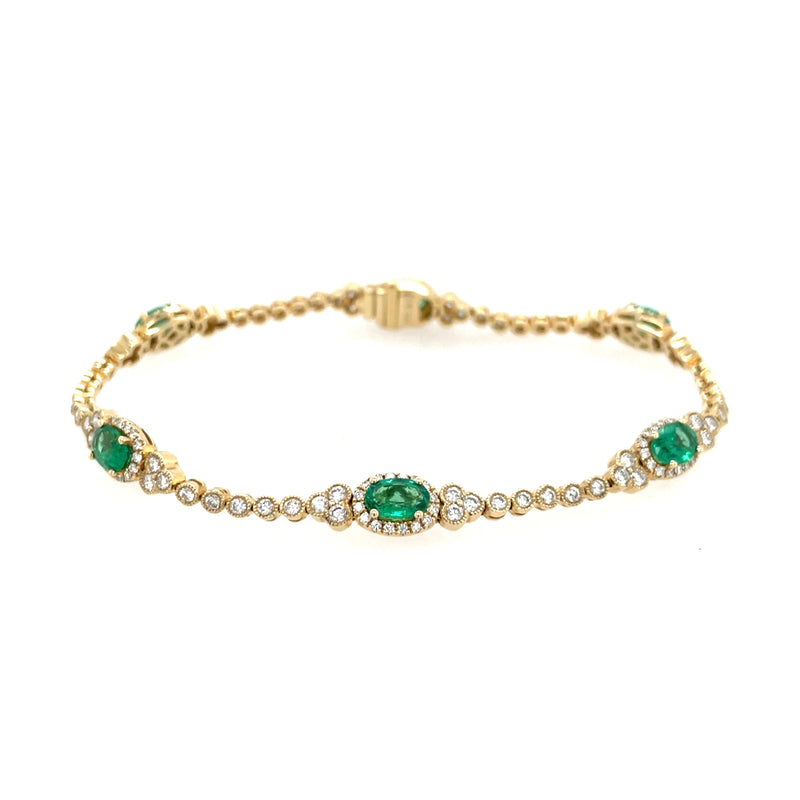 14K Yellow Gold Oval Emerald and Diamond Halo Bracelet – 7 Inch