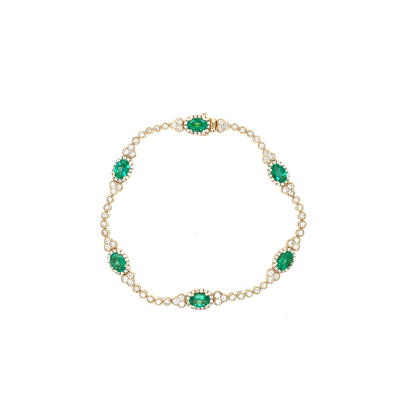 14K Yellow Gold Oval Emerald and Diamond Halo Bracelet – 7 Inch