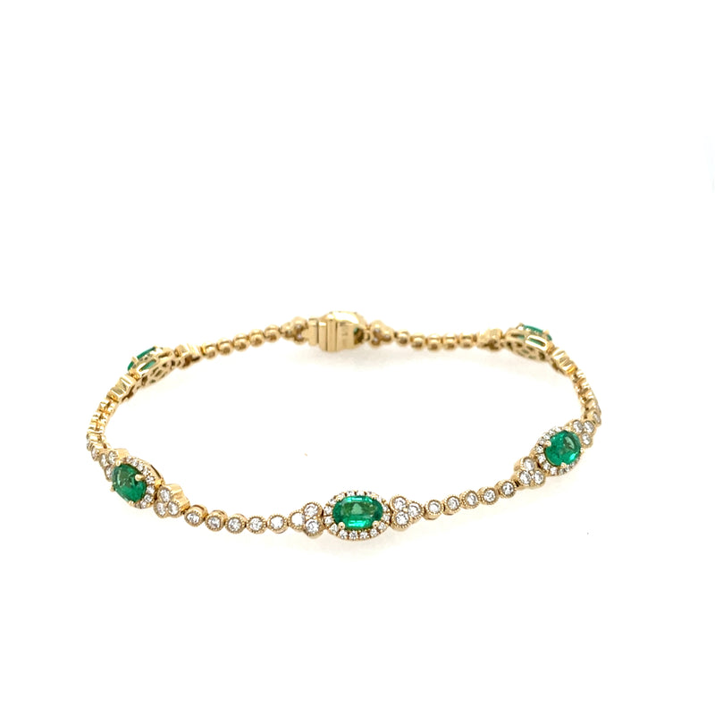 14K Yellow Gold Oval Emerald and Diamond Halo Bracelet – 7 Inch