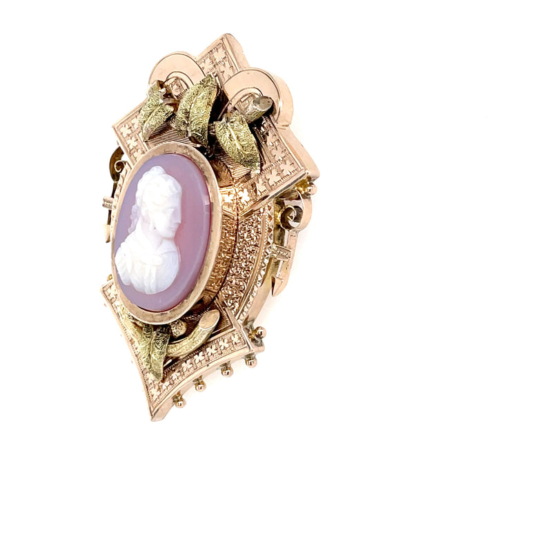 Estate 10K Yellow Gold Victorian Cameo Pendant/Brooch with Green Gold Leaf Accents