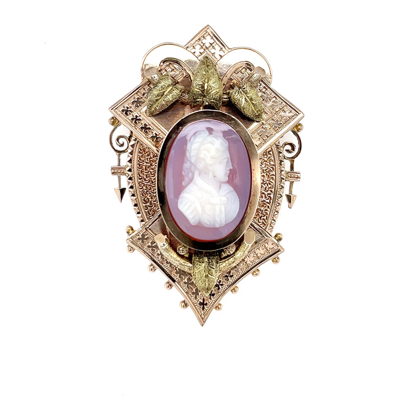 Estate 10K Yellow Gold Victorian Cameo Pendant/Brooch with Green Gold Leaf Accents