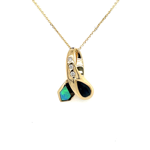 ESTATE 14KY Gold Opal Inlay, Blue Sapphire, and Diamond Necklace