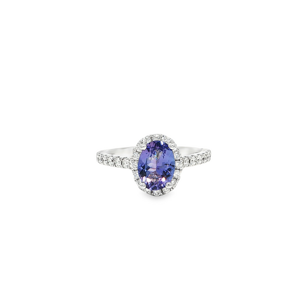 14k White Gold .96ct Oval Tanzanite and .42ctw Diamond Halo Ring