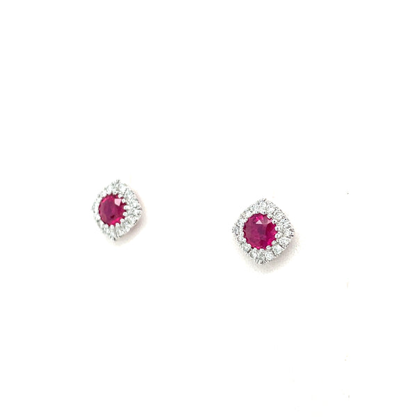 14K White Gold Round Ruby Cushion Halo Stud Earrings