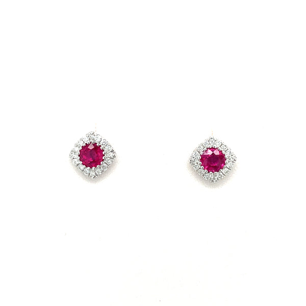 14K White Gold Round Ruby Cushion Halo Stud Earrings