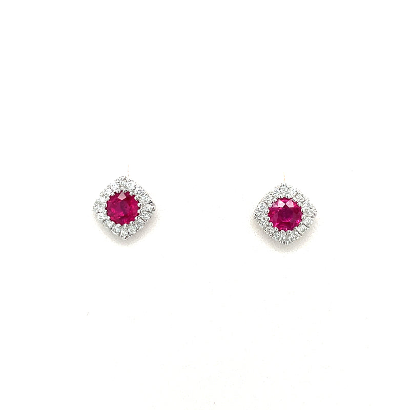 14K White Gold Round Ruby Cushion Halo Stud Earrings