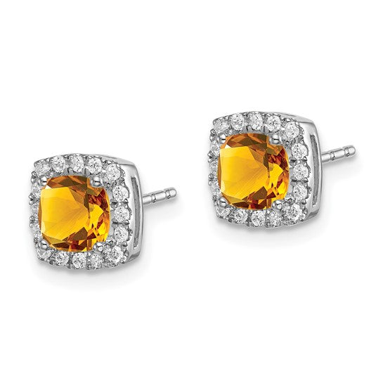 14k White Gold Cushion Citrine and Diamond Halo Earrings