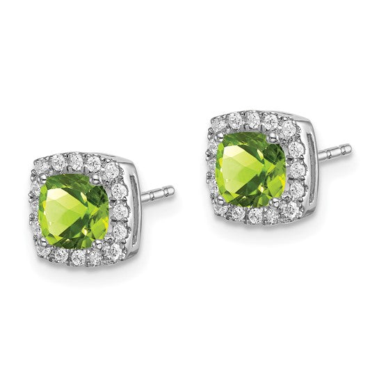 14k White Gold Cushion Peridot with Diamond Halo Earrings