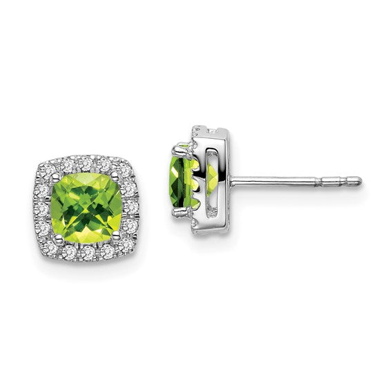 14k White Gold Cushion Peridot with Diamond Halo Earrings