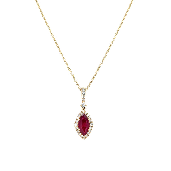 14K Yellow Gold Marquise Ruby and Diamond Halo Necklace