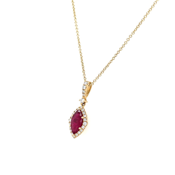 14K Yellow Gold Marquise Ruby and Diamond Halo Necklace