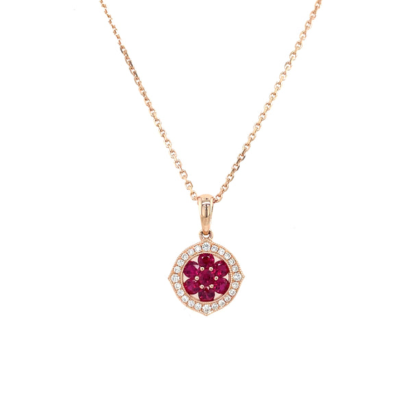 14K Rose Gold Ruby Cluster and Diamond Halo Pendant
