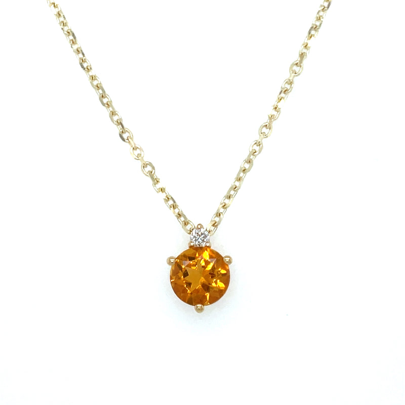 14K Yellow Gold Round Citrine Pendant with Diamond Accent – 18in. Adjustable Cable Chain