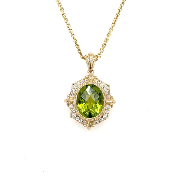 14K Yellow Gold Oval Peridot Pendant with Diamond Halo