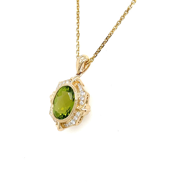 14K Yellow Gold Oval Peridot Pendant with Diamond Halo