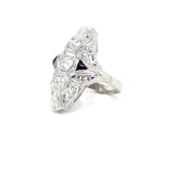 ESTATE 18K WHITE GOLD 3-STONE VERTICAL RING WITH DIAMOND AND SYNTHETIC BLUE SAPPHIRE