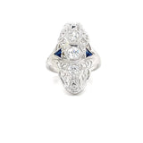 ESTATE 18K WHITE GOLD 3-STONE VERTICAL RING WITH DIAMOND AND SYNTHETIC BLUE SAPPHIRE