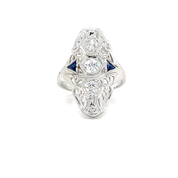 ESTATE 18K WHITE GOLD 3-STONE VERTICAL RING WITH DIAMOND AND SYNTHETIC BLUE SAPPHIRE