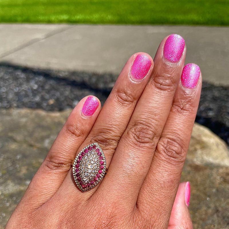 Estate 14K Yellow Gold Navette Diamond Cluster Ring with Ruby Halo