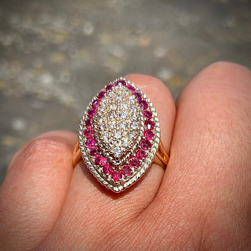 Estate 14K Yellow Gold Navette Diamond Cluster Ring with Ruby Halo