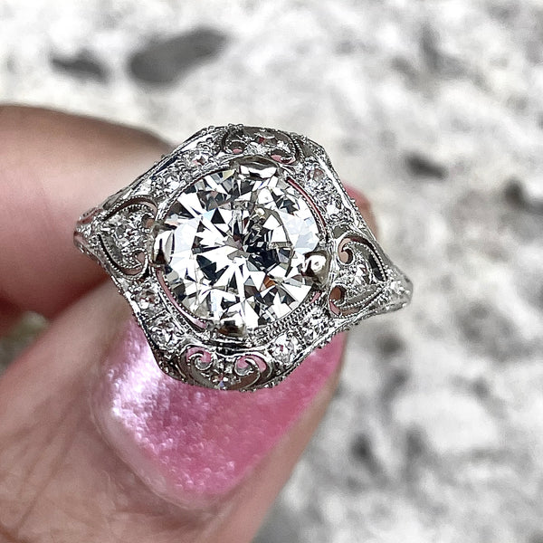 Estate Platinum Edwardian Filigree 2ctw Diamond Ring