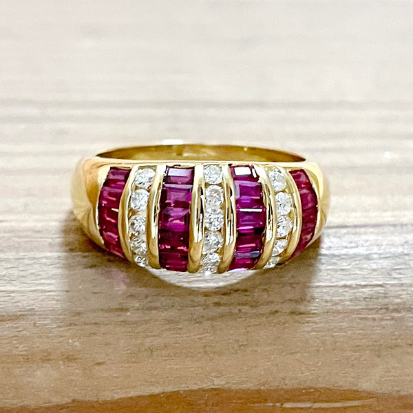 ESTATE 18K YELLOW GOLD DOMED FASHION RING WITH RUBIES AND DIAMONDS