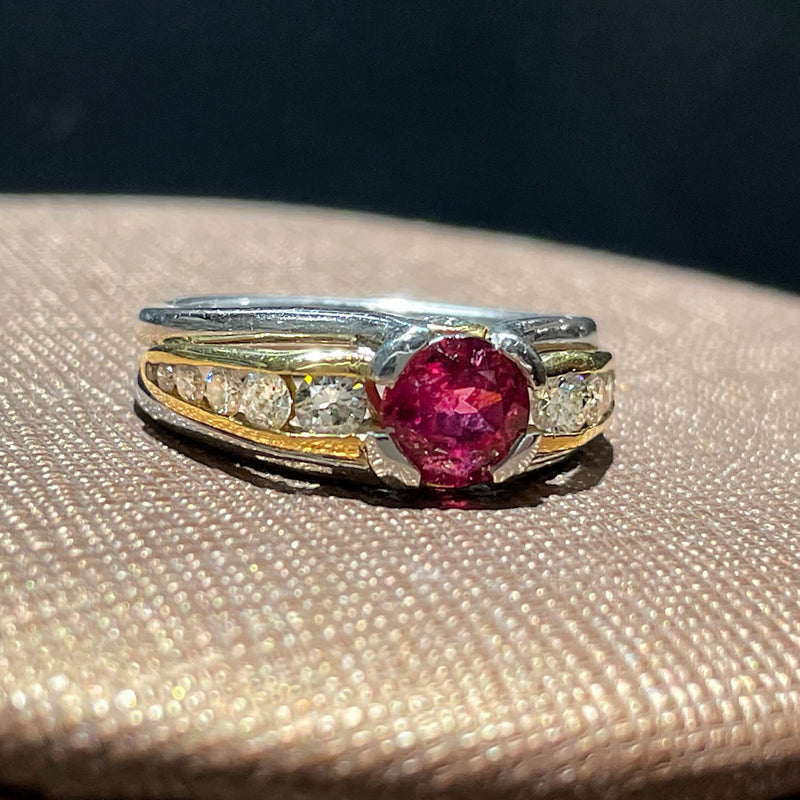 ESTATE 18K YELLOW GOLD & PLATINUM RING WITH RUBELLITE CENTER AND DIAMOND ACCENTS