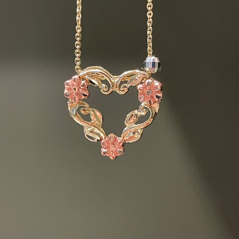 Estate 10K Yellow Gold Heart Necklace with Rose Gold Flowers & White Gold Accent Bead