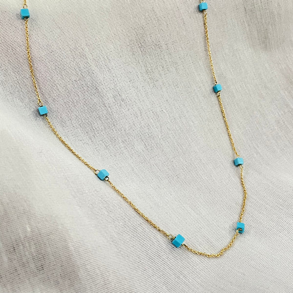 Estate 14K Yellow Gold Turquoise Cube Station Necklace – 17”