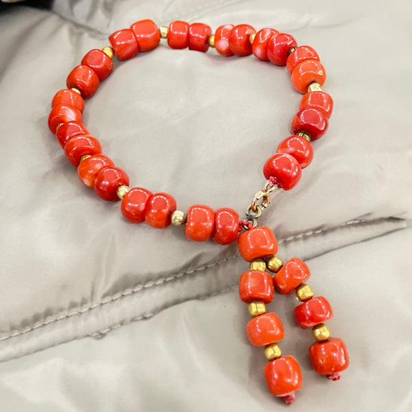 Estate Carved Red Coral Bead Bracelet with Tassel – 7”