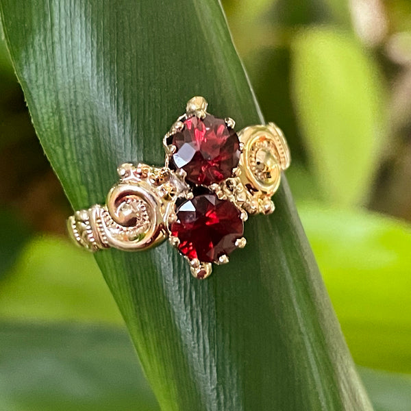 Estate Victorian-Inspired 10K Yellow Gold Garnet Scroll Ring