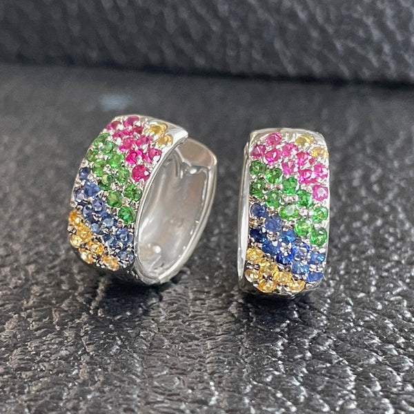 Estate 14K White Gold Multi-Colored Gemstone Hinged Hoop Earrings