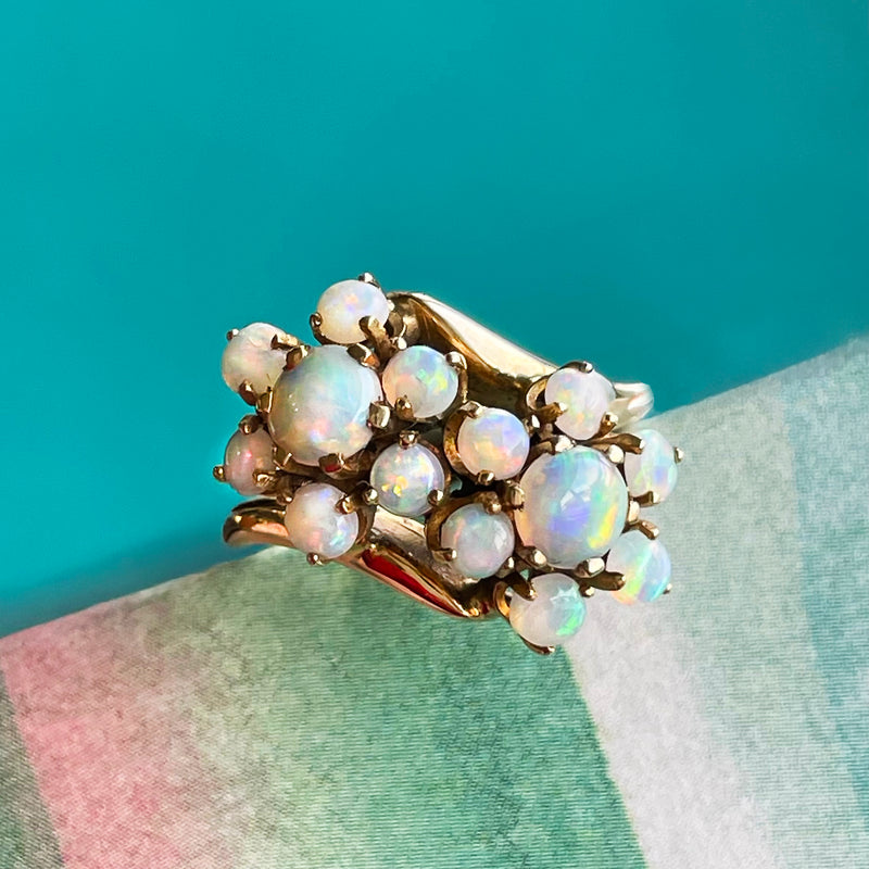 Estate 14K Yellow Gold Bypass Opal Flower Ring