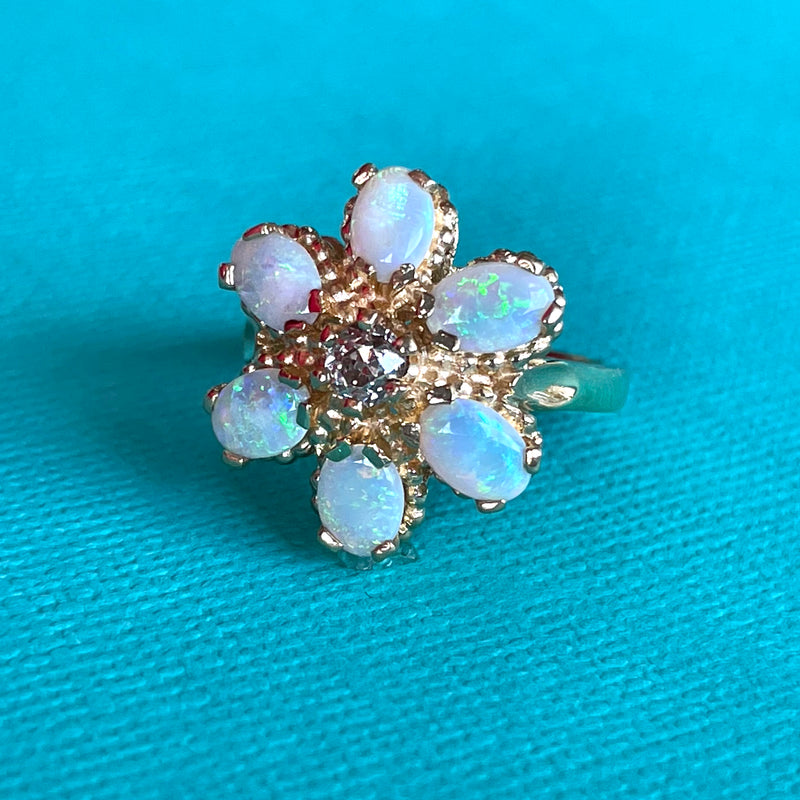 Estate 14K Yellow Gold Opal Flower Ring with Diamond Center