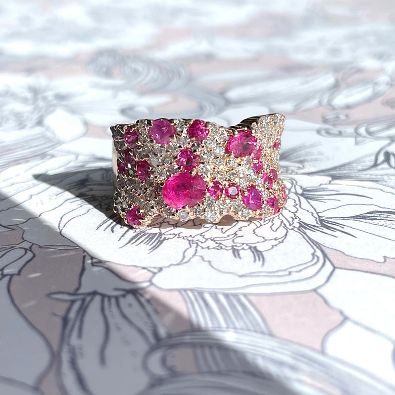 Estate 14k Rose Gold Pink Sapphire & Diamond Scatter Ring