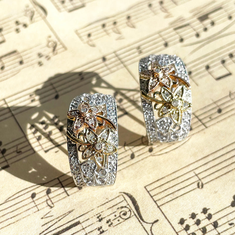 Estate 14K White Gold Floral Omega Hoop Earrings